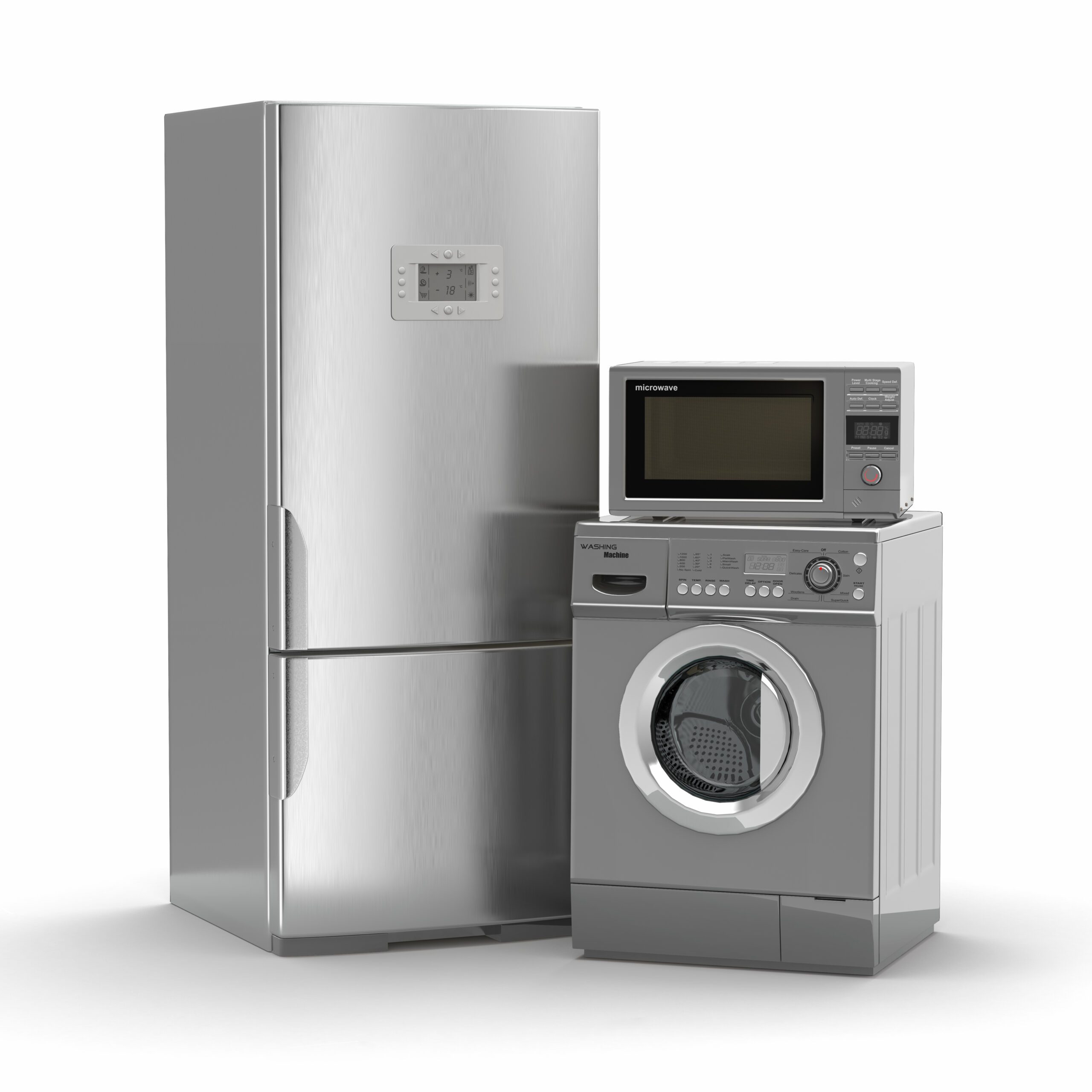 Home appliances. Refrigerator, microwave and washing maching.