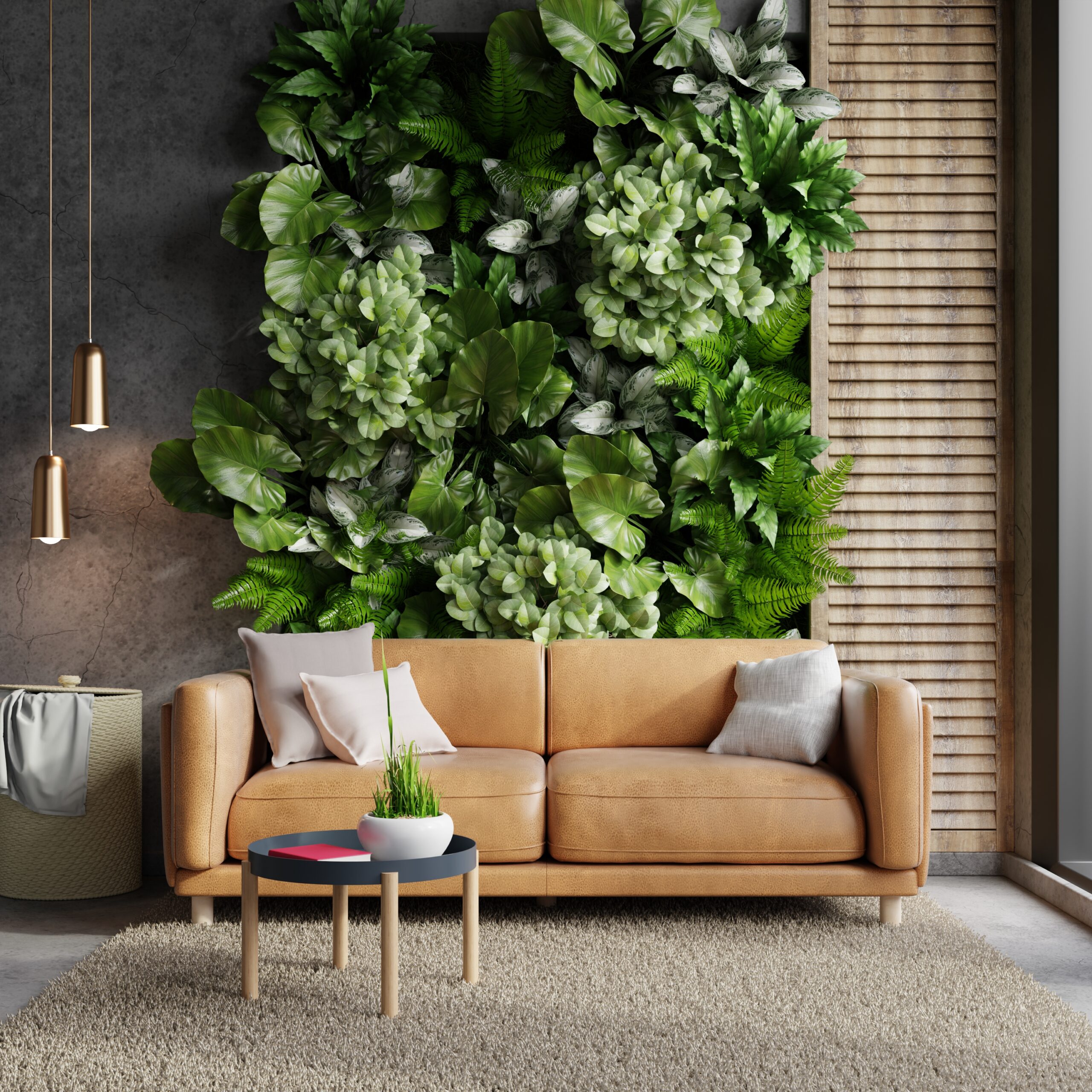 Living room wall mockup with leather sofa and decor on plants background